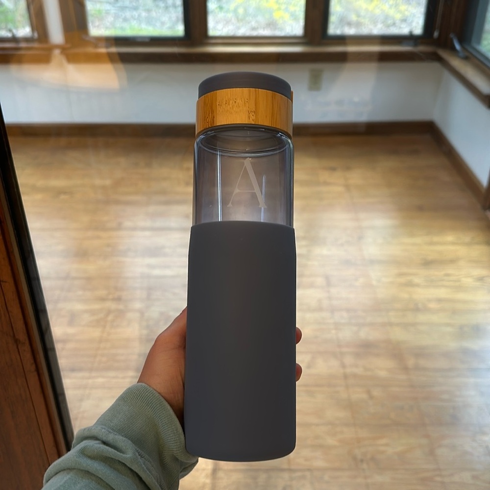 Anthropologie water bottle with letter A.